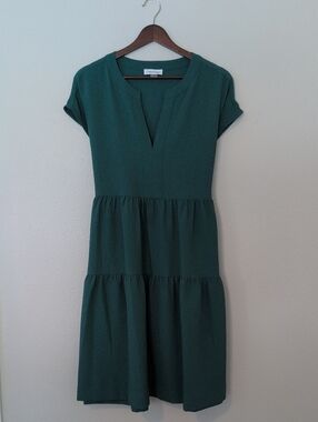 Calvin Klein Deep Teal Tiered V-Neck Midi Dress